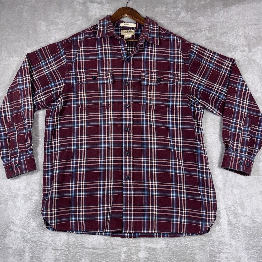 L.L.Bean Men's Flannel Shirt Large  Maroon Blue & White Plaid Cotton Button Down